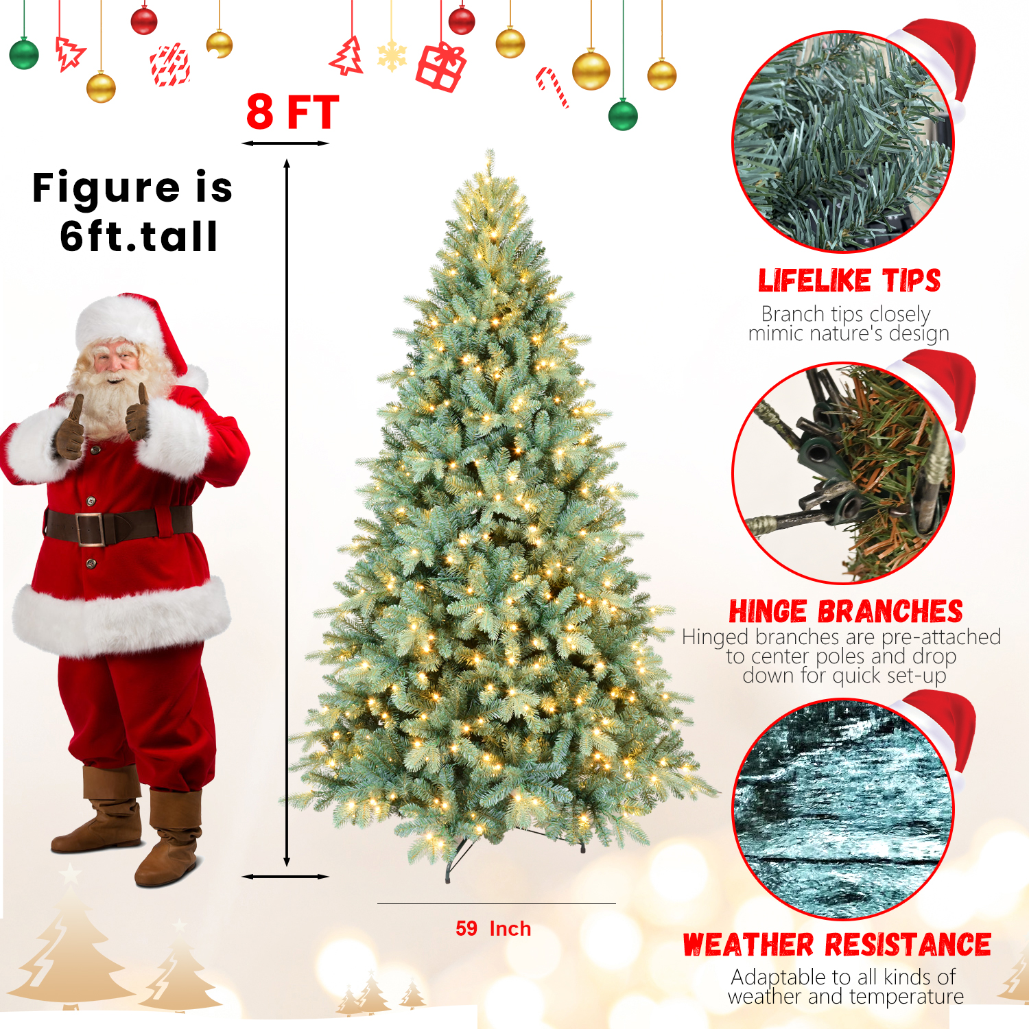 Makeatree Pre-Lit Spruce Artificial Christmas Tree 4-9ft - PE/PVC Branches (DEL-L)