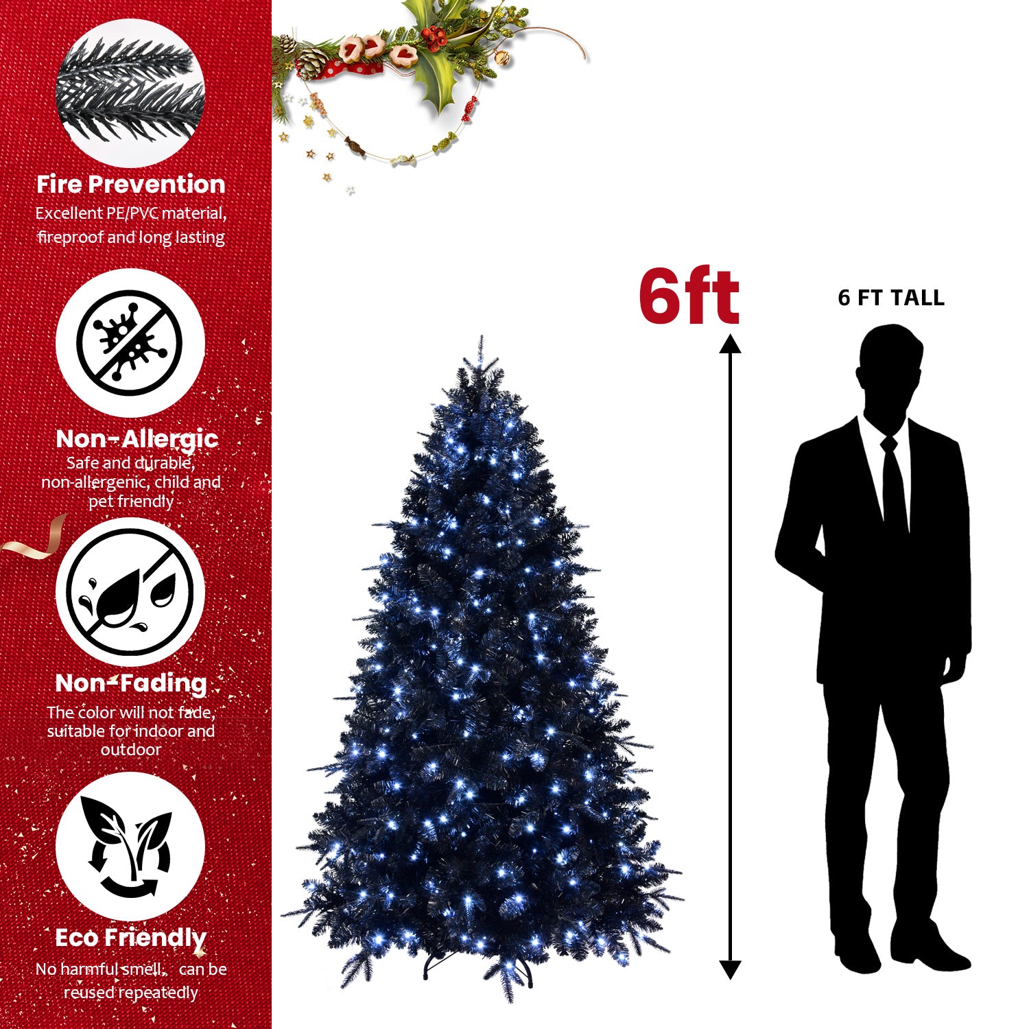 Makeatree Pre-Lit Black Christmas Tree 4-8ft - Artificial Halloween Xmas Tree with Lights (VCR-L)