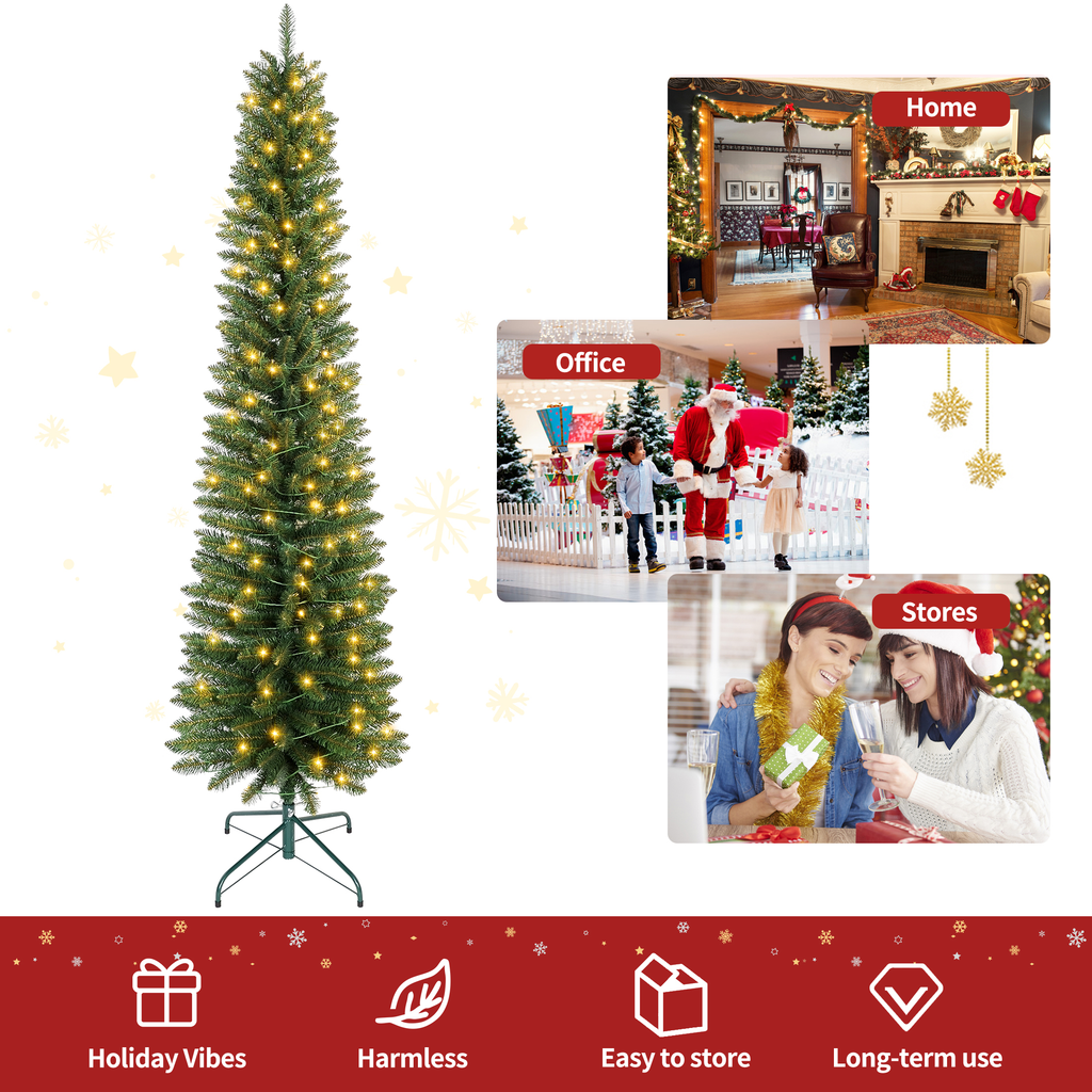 Makeatree 5 ft Pre-Lit Pencil Christmas Tree, Slim Spruce Holiday Decoration with Incandescent Lights, Metal Hinges & Foldable Base
