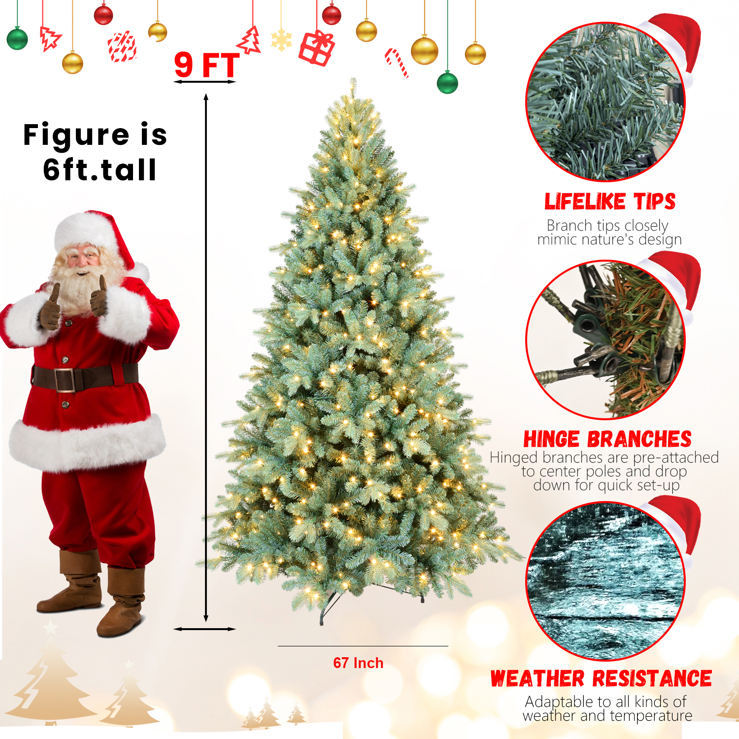 Makeatree Pre-Lit Spruce Artificial Christmas Tree 4-9ft - PE/PVC Branches (DEL-L)