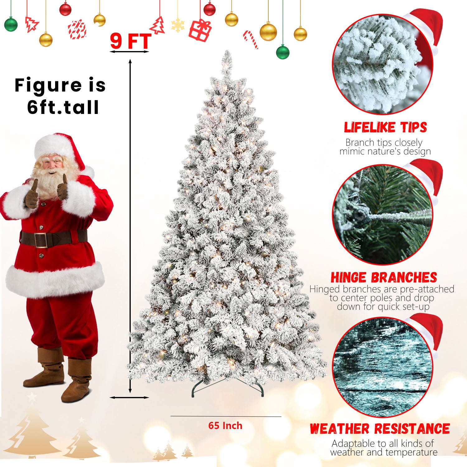 Makeatree Snow-Flocked Prelit Christmas Tree with Pine Cones 4–9 FT, UL Listed Lights, Mixed PE & PVC Branches, Includes Metal Stand (BES-TF-L)
