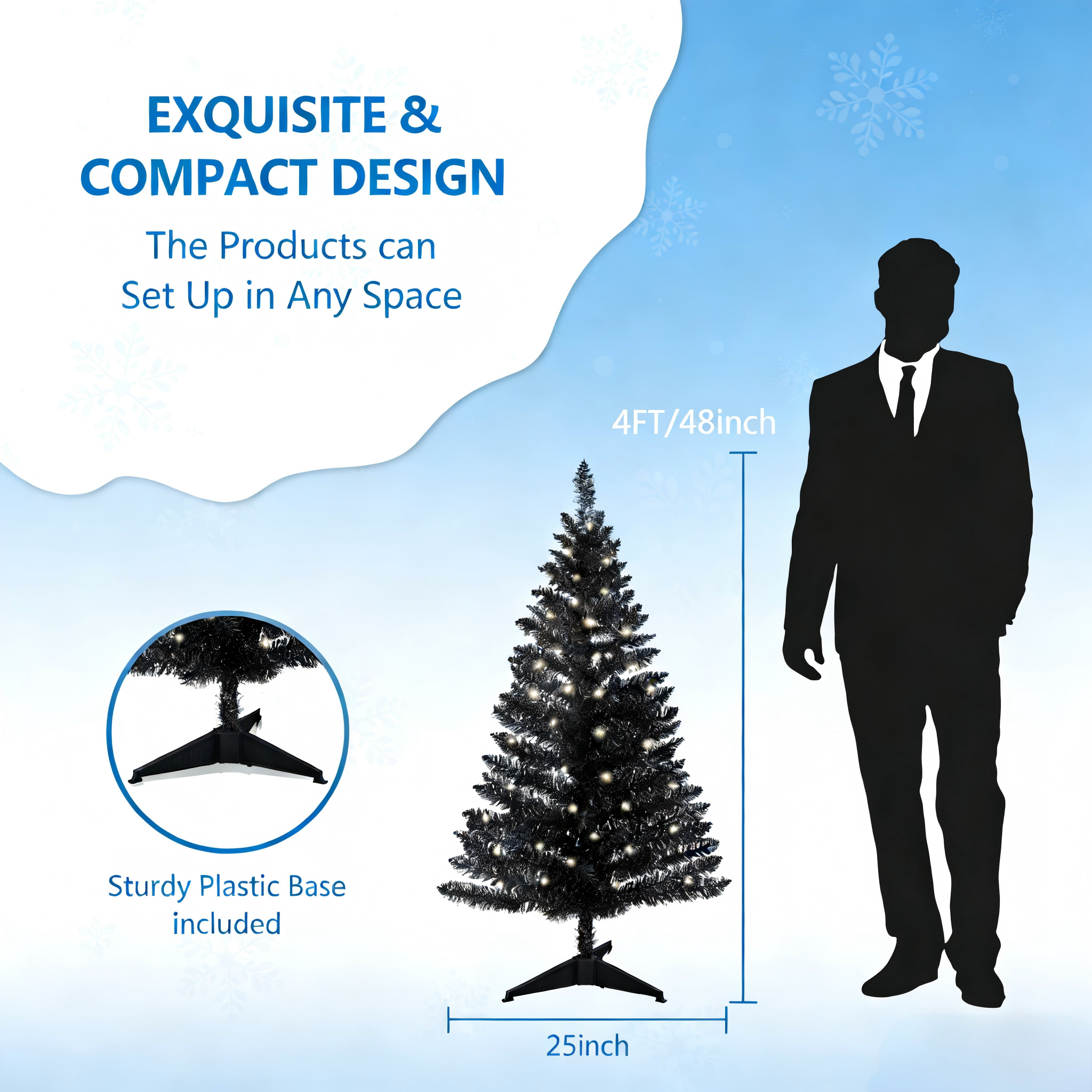 Makeatree Black Tinsel Christmas Tree 4ft Lighted Artificial Xmas Tree with Stand (BCN-BT-L)