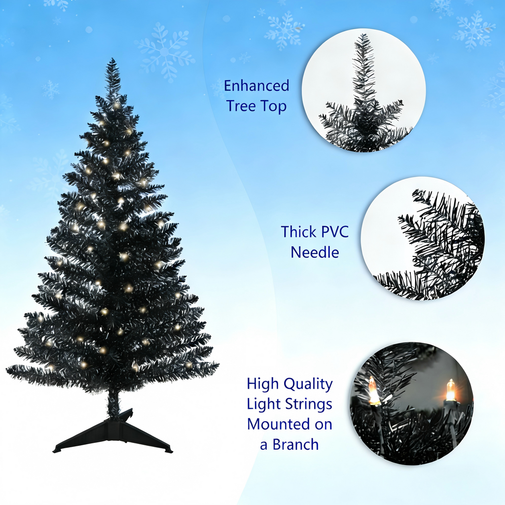 Makeatree 4 ft Black Halloween & Christmas Tree with 50 Lights，112 Branch Tips Mini Holiday Party Xmas Tree