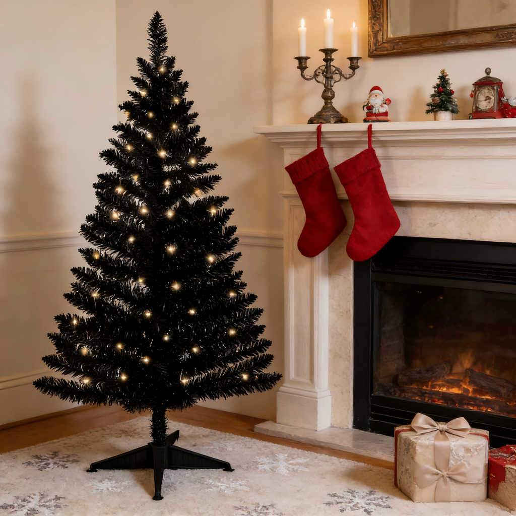 Makeatree 4 ft Black Halloween & Christmas Tree with 50 Lights，112 Branch Tips Mini Holiday Party Xmas Tree