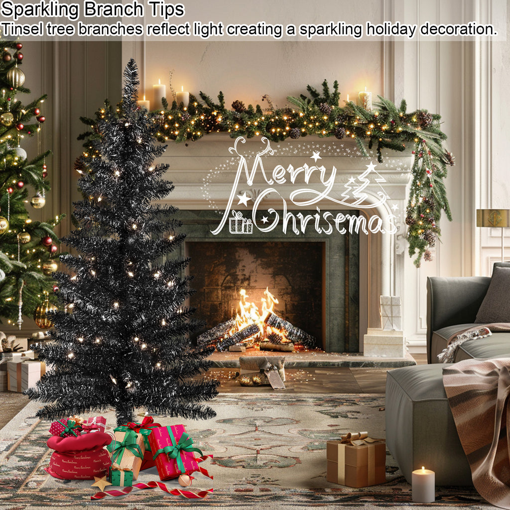 Makeatree Black Tinsel Christmas Tree 4ft Lighted Artificial Xmas Tree with Stand (BCN-BT-L)