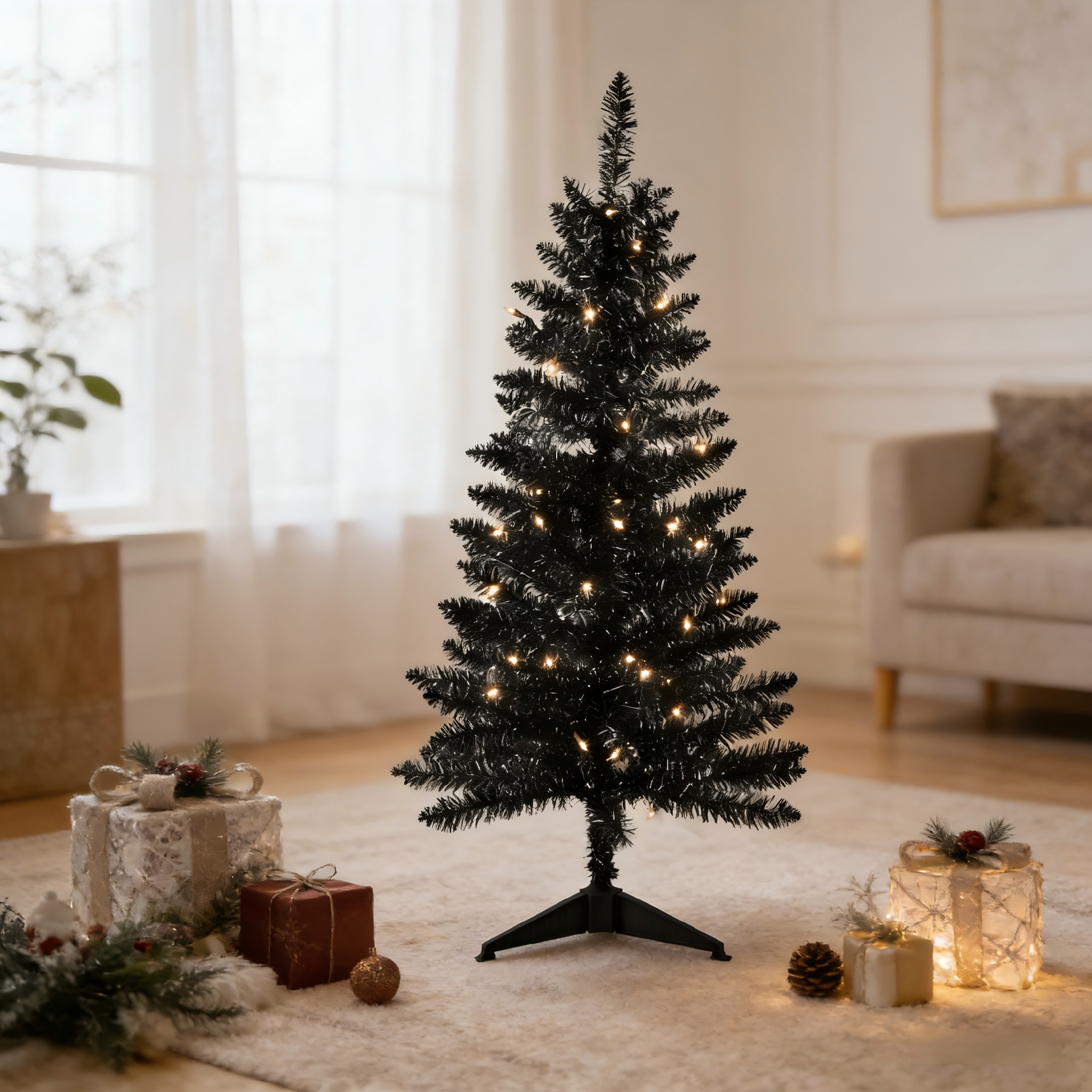 Makeatree Black Tinsel Christmas Tree 4ft Lighted Artificial Xmas Tree with Stand (BCN-BT-L)