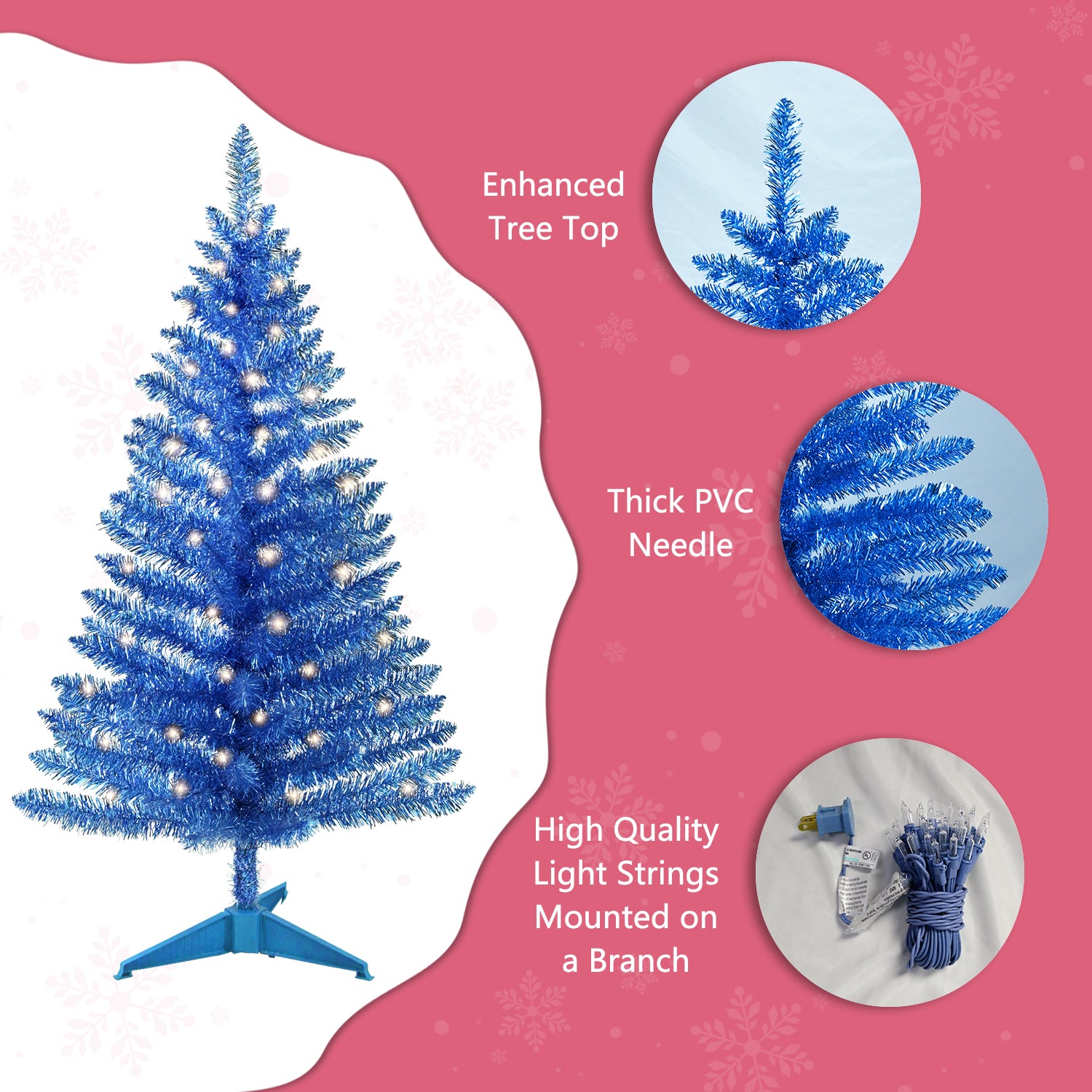 Makeatree Blue Tinsel Christmas Tree 4ft with Lights Artificial Tree & Stand (BCN-ICT-L)