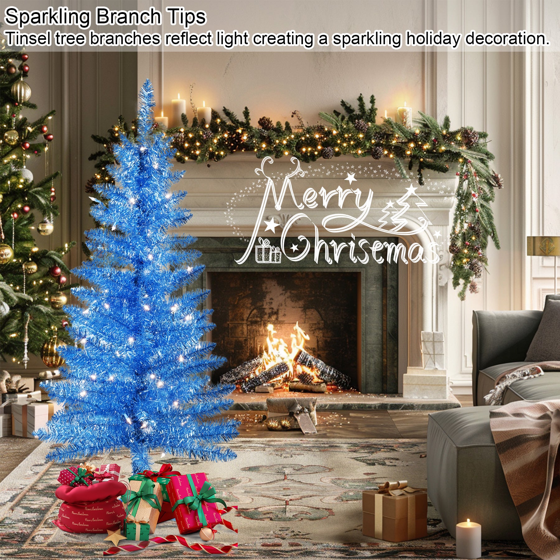 Makeatree Blue Tinsel Christmas Tree 4ft with Lights Artificial Tree & Stand (BCN-ICT-L)