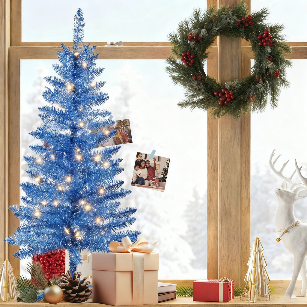 Makeatree Blue Tinsel Christmas Tree 4ft with Lights Artificial Tree & Stand (BCN-ICT-L)