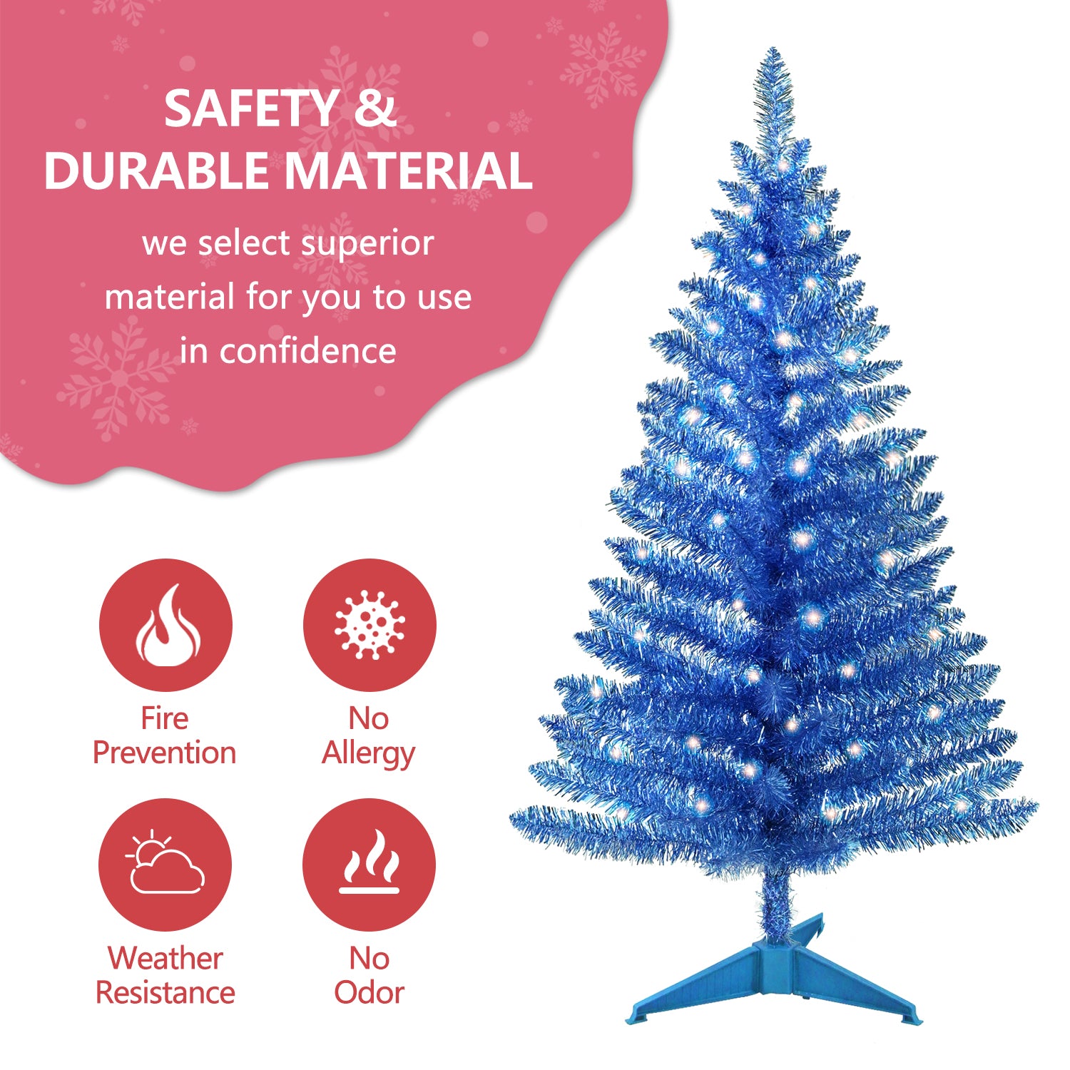 Makeatree Blue Tinsel Christmas Tree 4ft with Lights Artificial Tree & Stand (BCN-ICT-L)