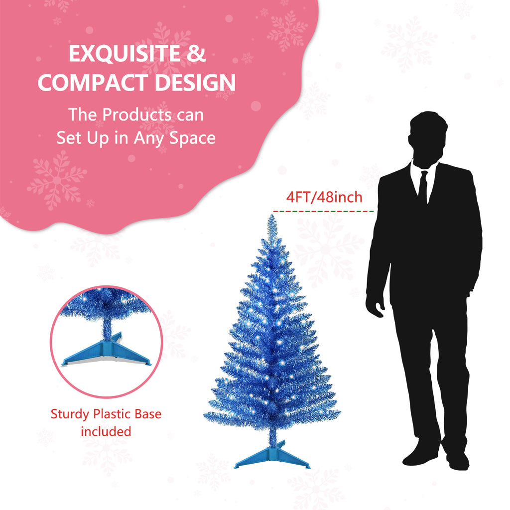 Makeatree Blue Tinsel Christmas Tree 4ft with Lights Artificial Tree & Stand (BCN-ICT-L)