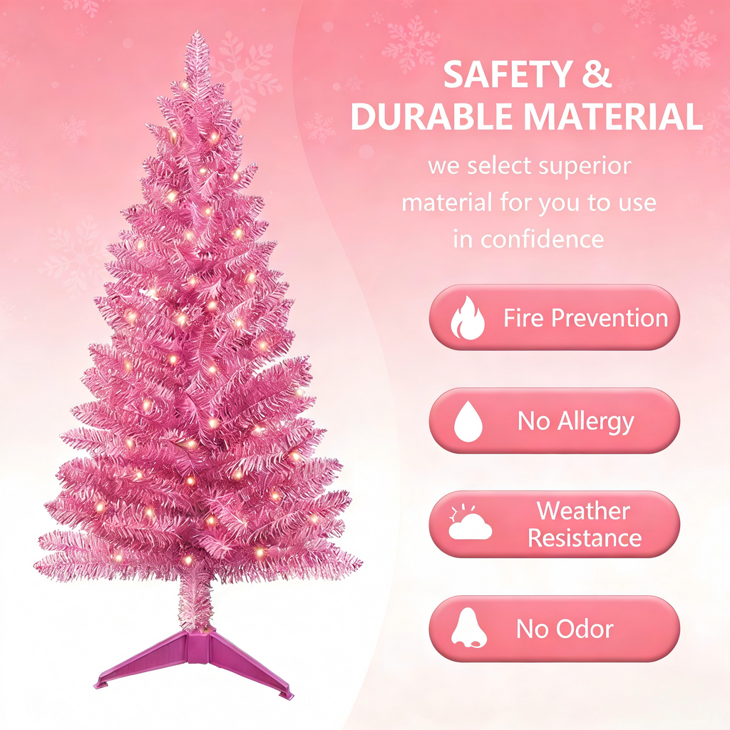 Makeatree 4 ft Pink Artificial Christmas Tree with 50 Lights，112 Branch Tips Mini Holiday Party Xmas Tree w/Stand