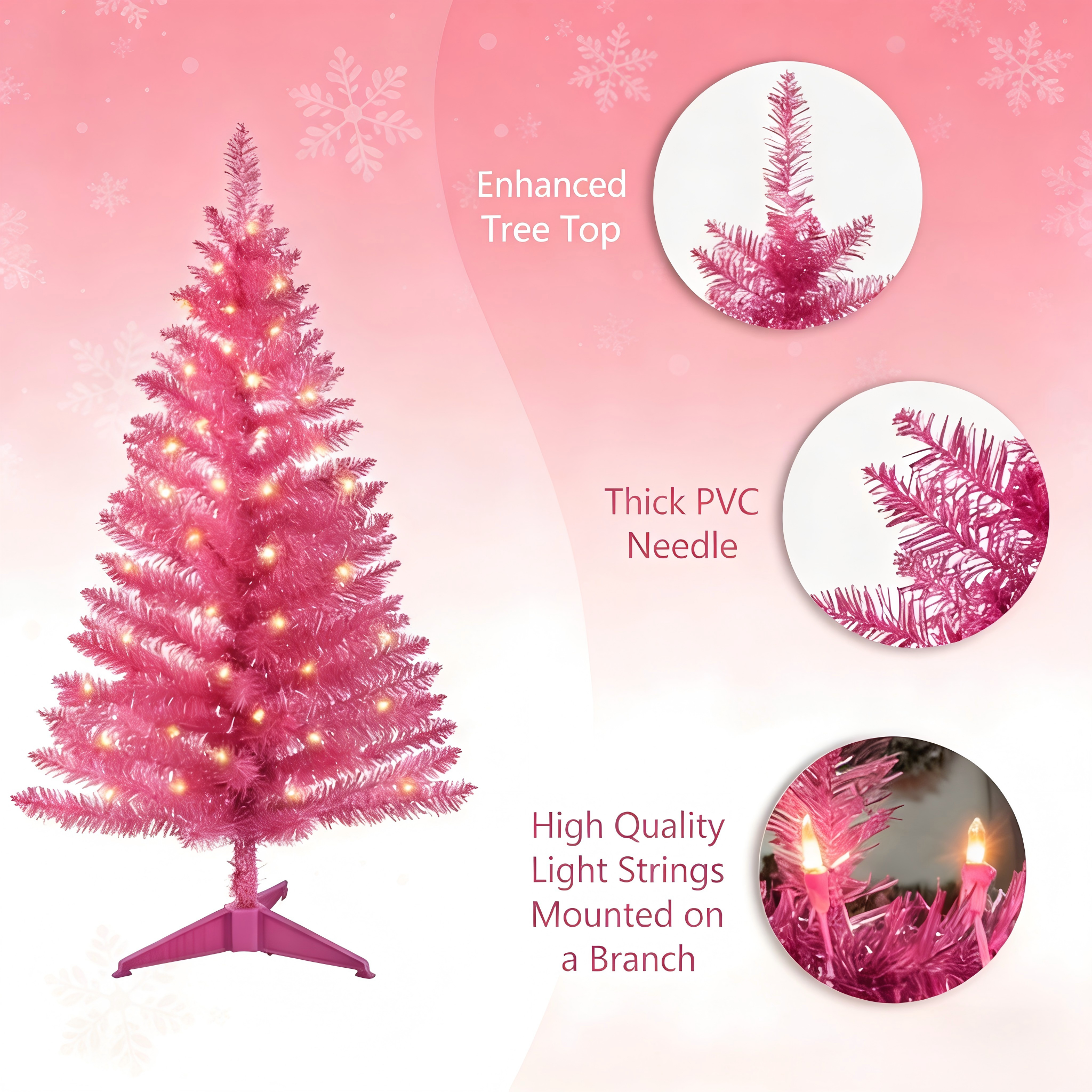 Makeatree 4 ft Pink Artificial Christmas Tree with 50 Lights，112 Branch Tips Mini Holiday Party Xmas Tree w/Stand