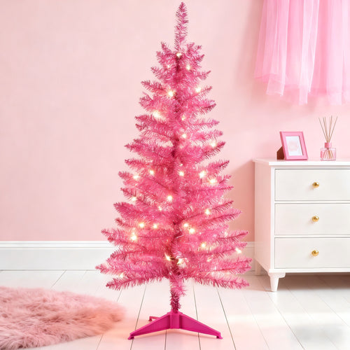 Makeatree 4 ft Pink Artificial Christmas Tree with 50 Lights，112 Branch Tips Mini Holiday Party Xmas Tree w/Stand