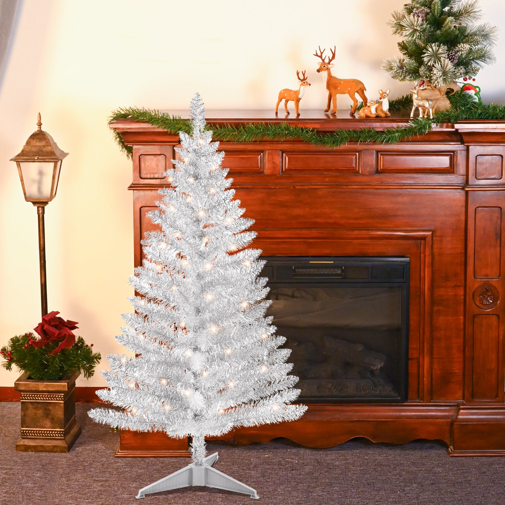 Makeatree Silver Tinsel Tree 4ft Artificial Christmas Tree with Light Set & Stand (BCN-ST-L)