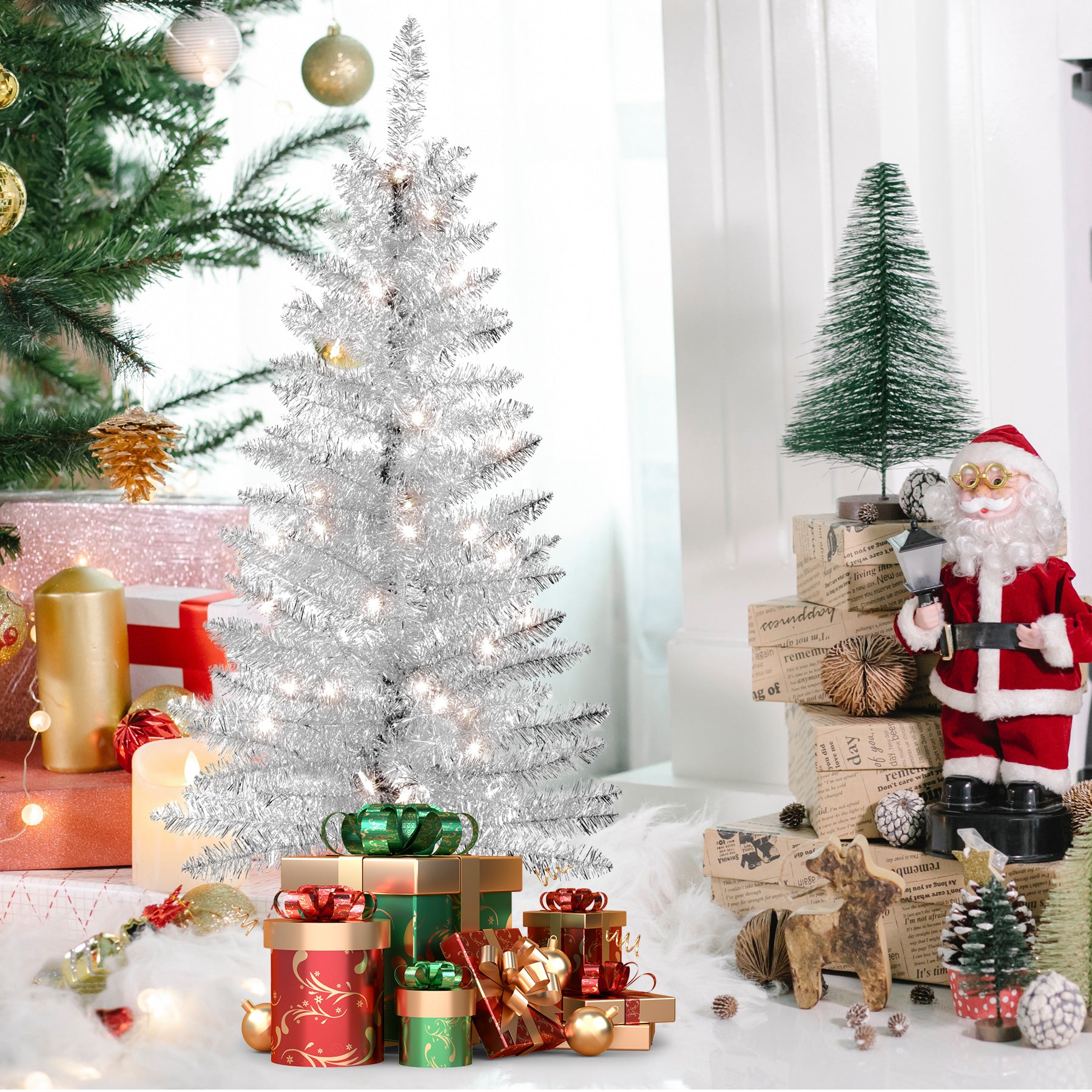 Makeatree Silver Tinsel Tree 4ft Artificial Christmas Tree with Light Set & Stand (BCN-ST-L)