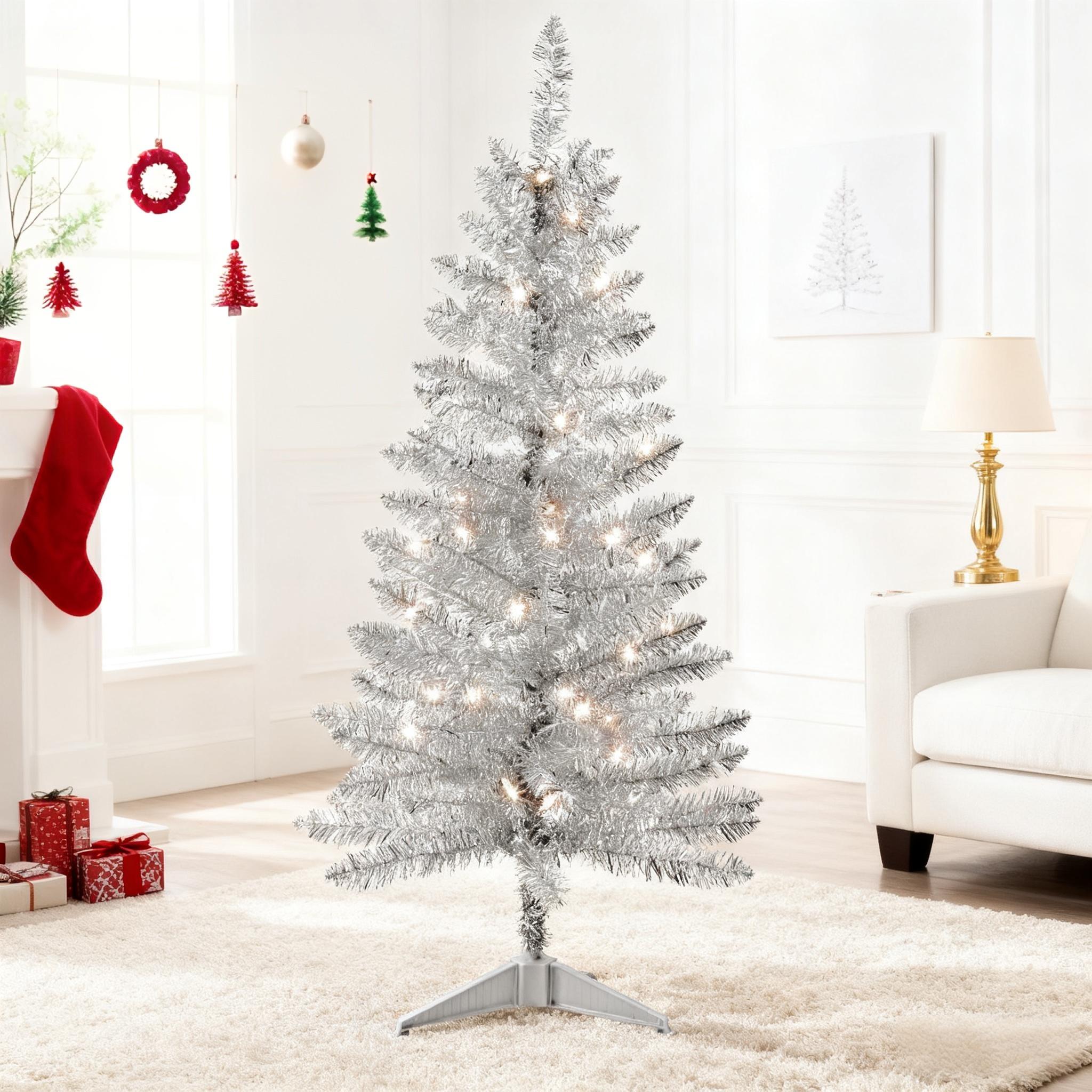 Makeatree Silver Tinsel Tree 4ft Artificial Christmas Tree with Light Set & Stand (BCN-ST-L)