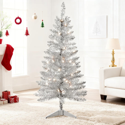 Makeatree 4 ft Silvery Artificial Christmas Tree with 50 Lights，112 Branch Tips Mini Holiday Party Xmas Tree w/Stand