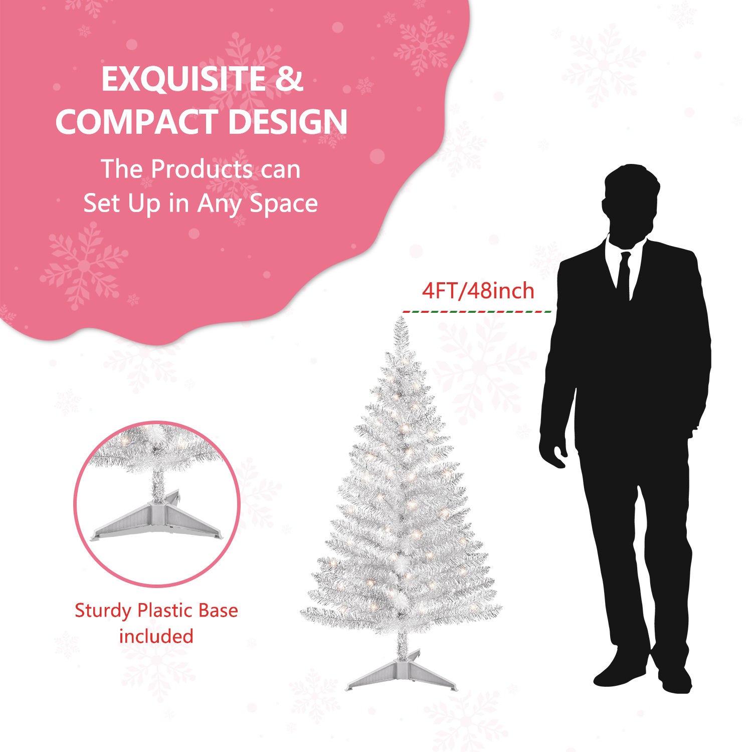 Makeatree Silver Tinsel Tree 4ft Artificial Christmas Tree with Light Set & Stand (BCN-ST-L)