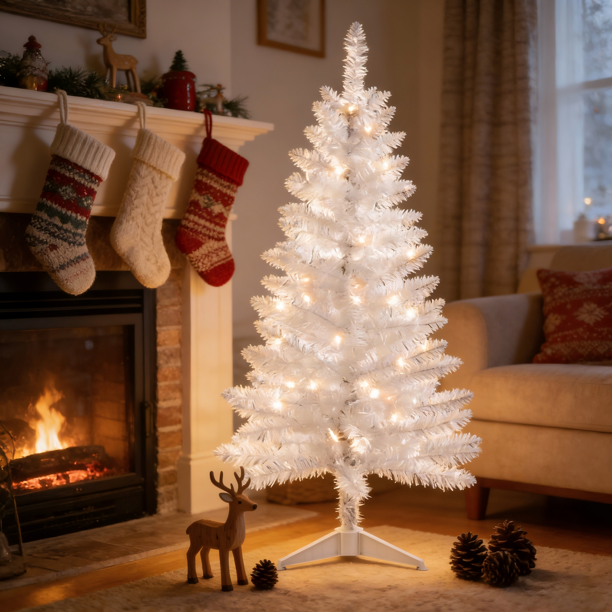 Makeatree White Tinsel Christmas Tree 4ft with Lights Small Artificial Xmas Tree (BCN-WT-L)