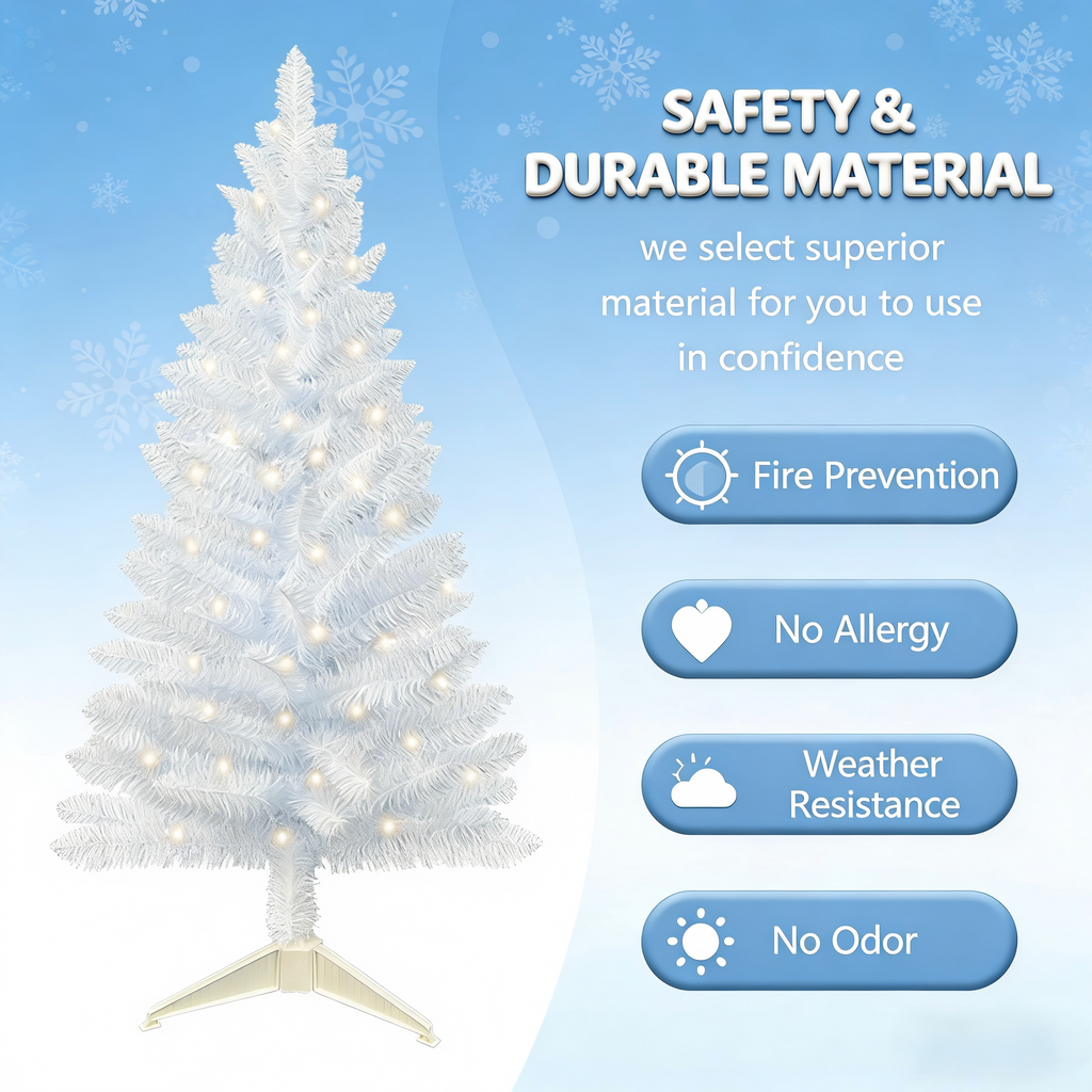 Makeatree 4 ft White Artificial Christmas Tree with 50 Lights,112 Branch Tips Mini Holiday Party Xmas Tree w/Stand