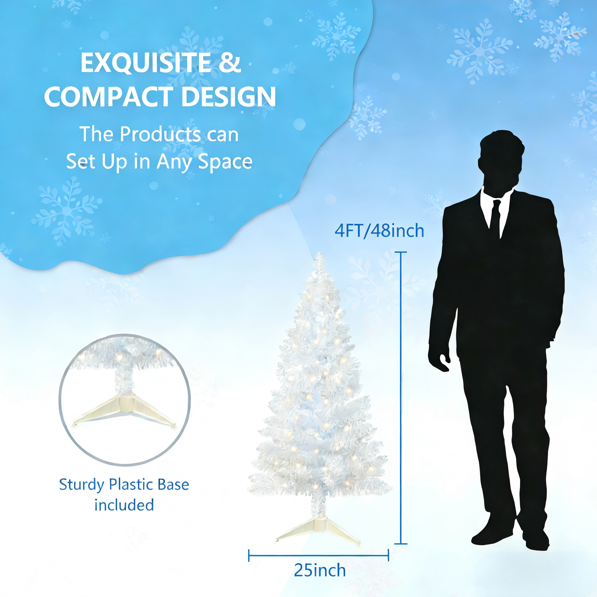 Makeatree White Tinsel Christmas Tree 4ft with Lights Small Artificial Xmas Tree (BCN-WT-L)