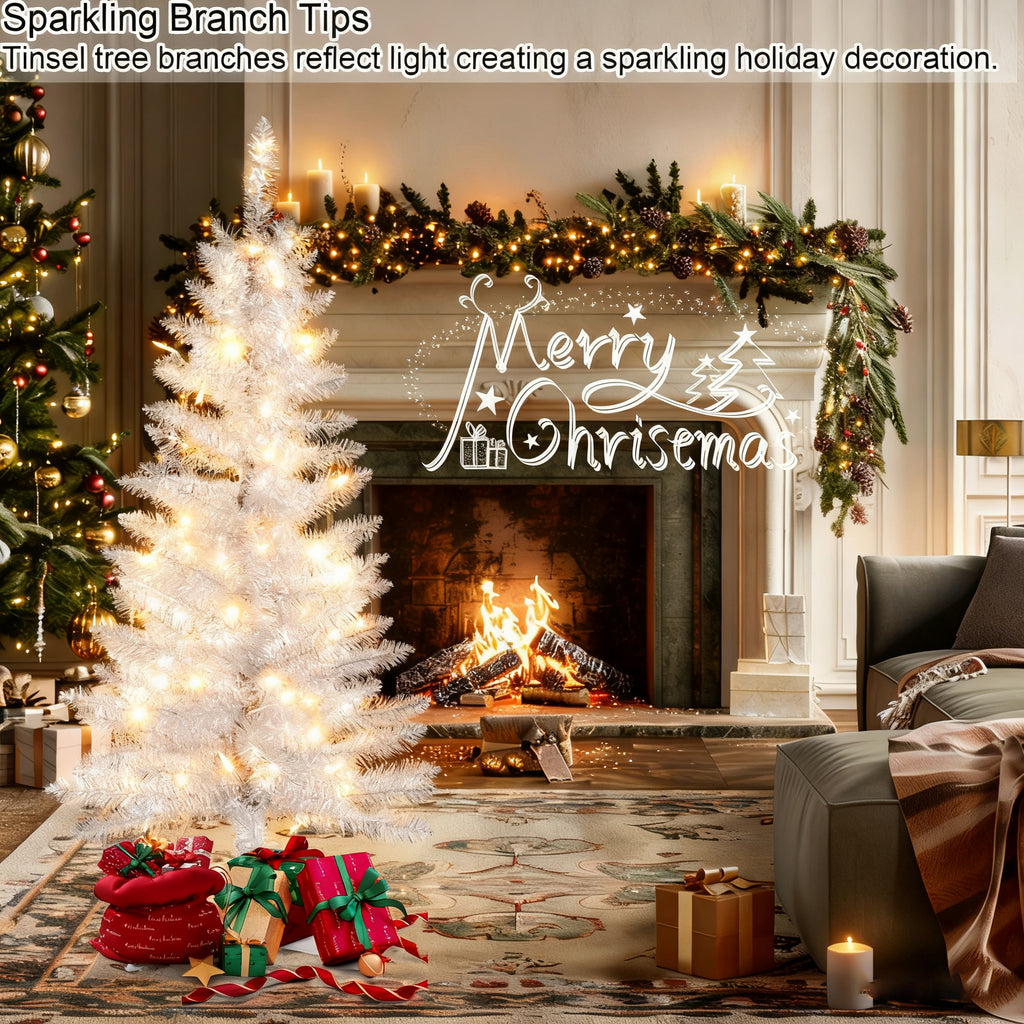 Makeatree White Tinsel Christmas Tree 4ft with Lights Small Artificial Xmas Tree (BCN-WT-L)