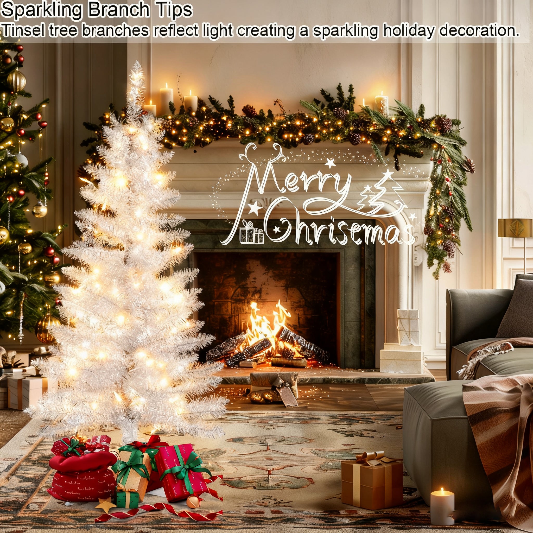 Makeatree White Tinsel Christmas Tree 4ft with Lights Small Artificial Xmas Tree (BCN-WT-L)