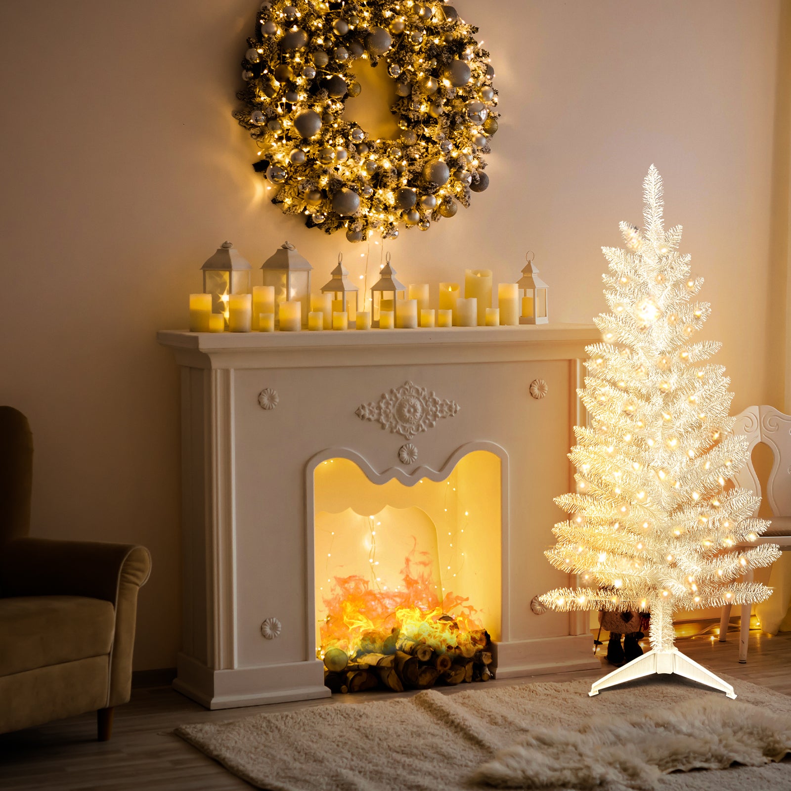 Makeatree White Tinsel Christmas Tree 4ft with Lights Small Artificial Xmas Tree (BCN-WT-L)