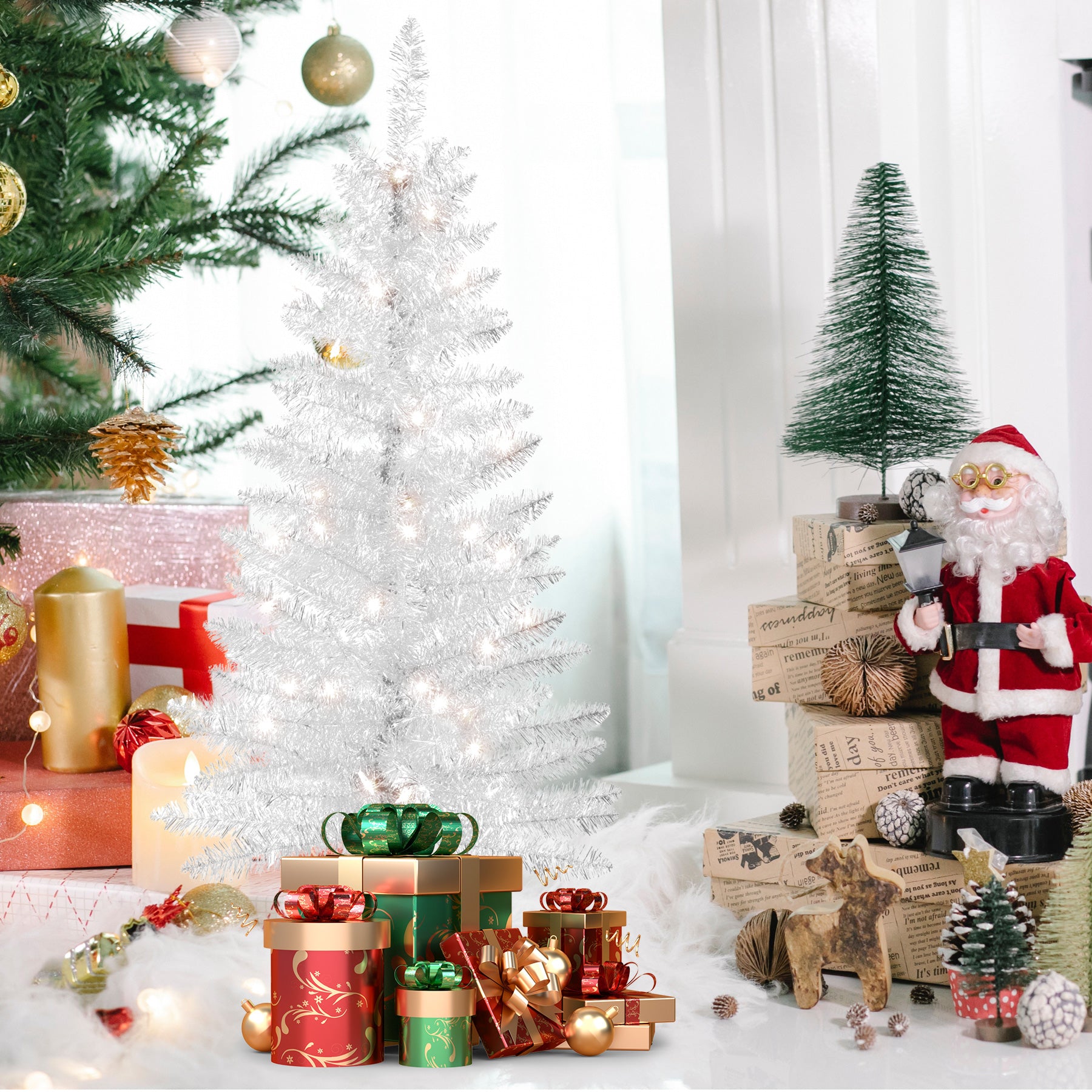 Makeatree White Tinsel Christmas Tree 4ft with Lights Small Artificial Xmas Tree (BCN-WT-L)