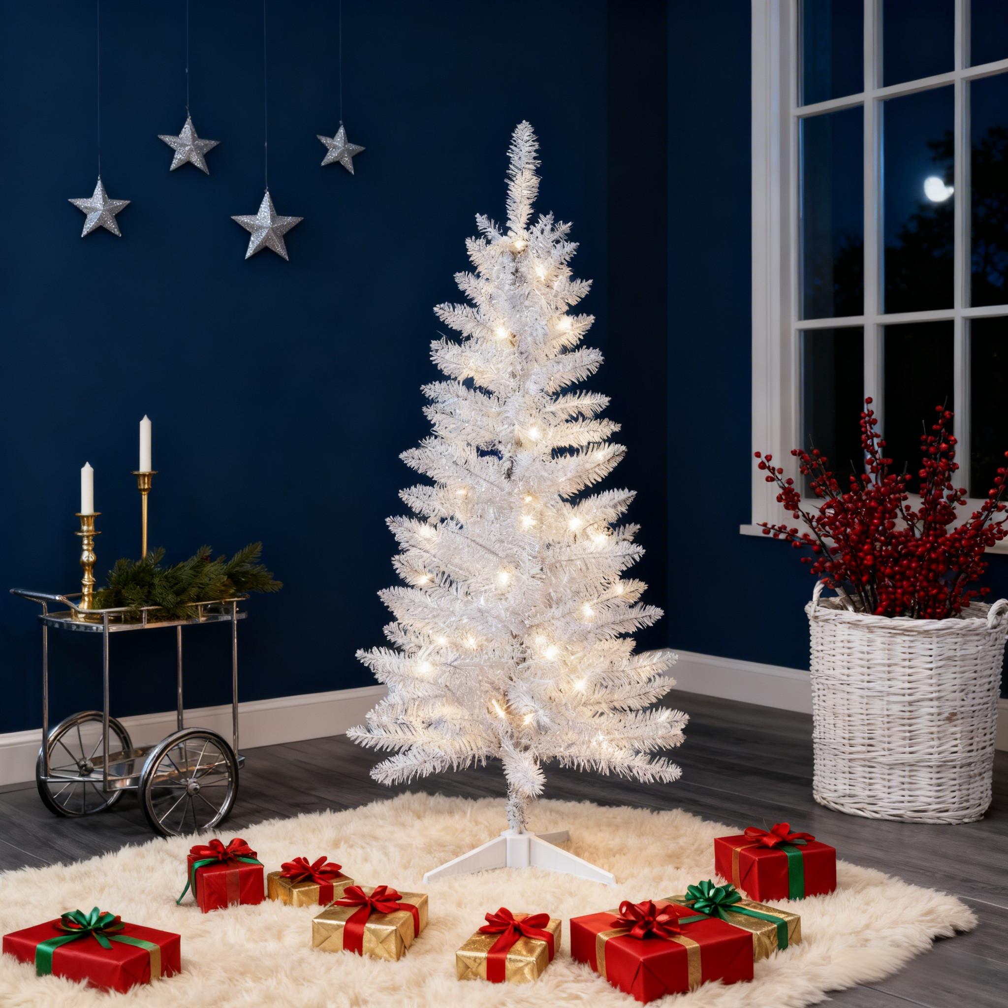 Makeatree White Tinsel Christmas Tree 4ft with Lights Small Artificial Xmas Tree (BCN-WT-L)