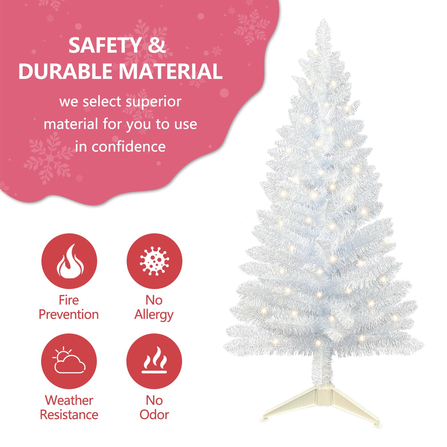 Makeatree White Tinsel Christmas Tree 4ft with Lights Small Artificial Xmas Tree (BCN-WT-L)