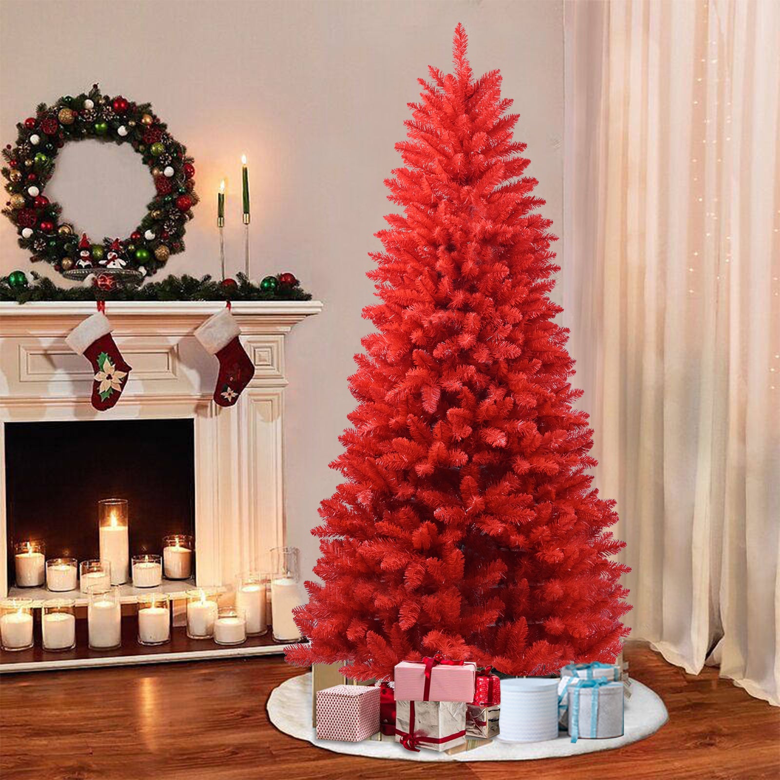 Makeatree Red Artificial Christmas Tree 4-7ft - Indoor Outdoor Holiday Decor (BER)