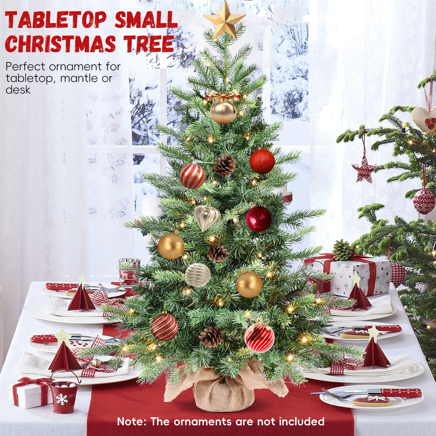 Makeatree Tabletop Christmas Tree 3ft Pre-Lit - Nordic Spruce Mini Tree with Burlap Base (CDC30T-315T-70L)