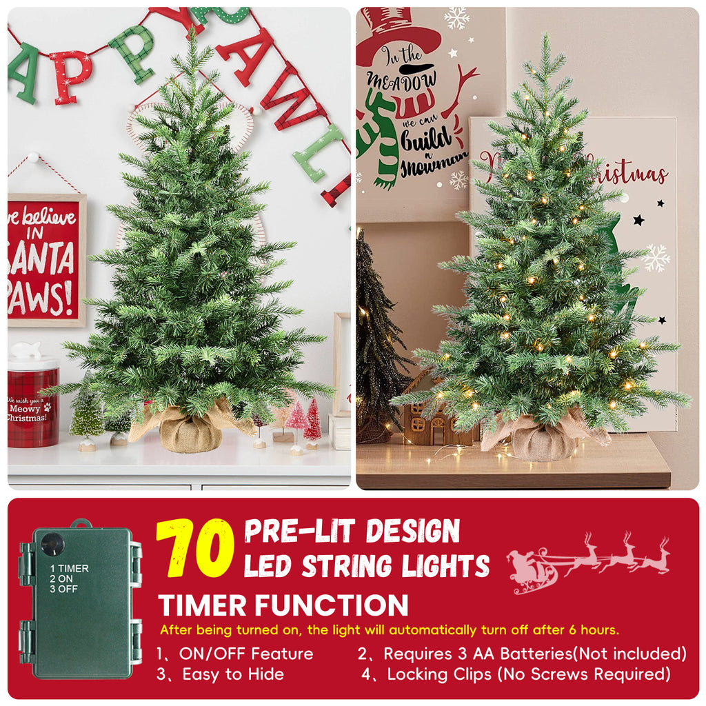 Makeatree Tabletop Christmas Tree 3ft Pre-Lit - Nordic Spruce Mini Tree with Burlap Base (CDC30T-315T-70L)