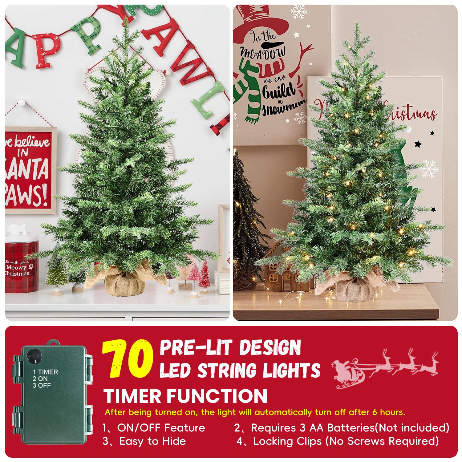 Makeatree Tabletop Christmas Tree 3ft Pre-Lit - Nordic Spruce Mini Tree with Burlap Base (CDC30T-315T-70L)
