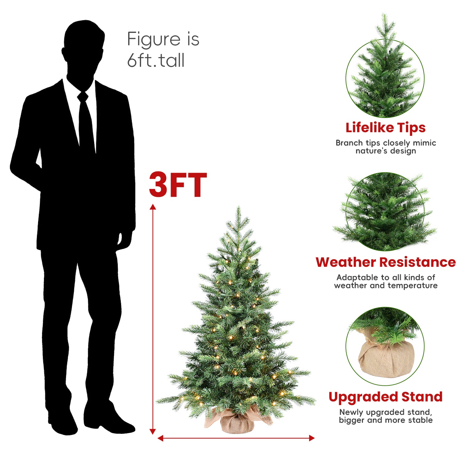 Makeatree Tabletop Christmas Tree 3ft Pre-Lit - Nordic Spruce Mini Tree with Burlap Base (CDC30T-315T-70L)