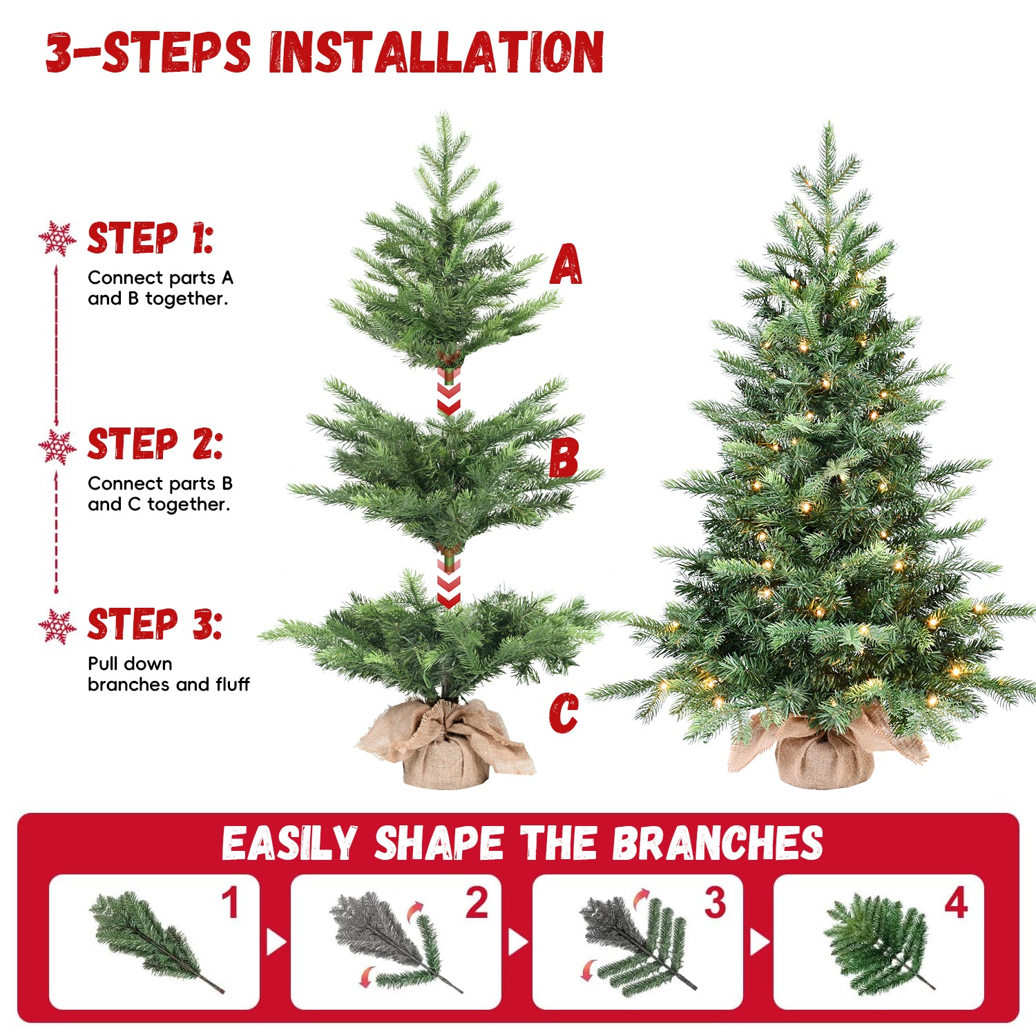 Makeatree Tabletop Christmas Tree 3ft Pre-Lit - Nordic Spruce Mini Tree with Burlap Base (CDC30T-315T-70L)