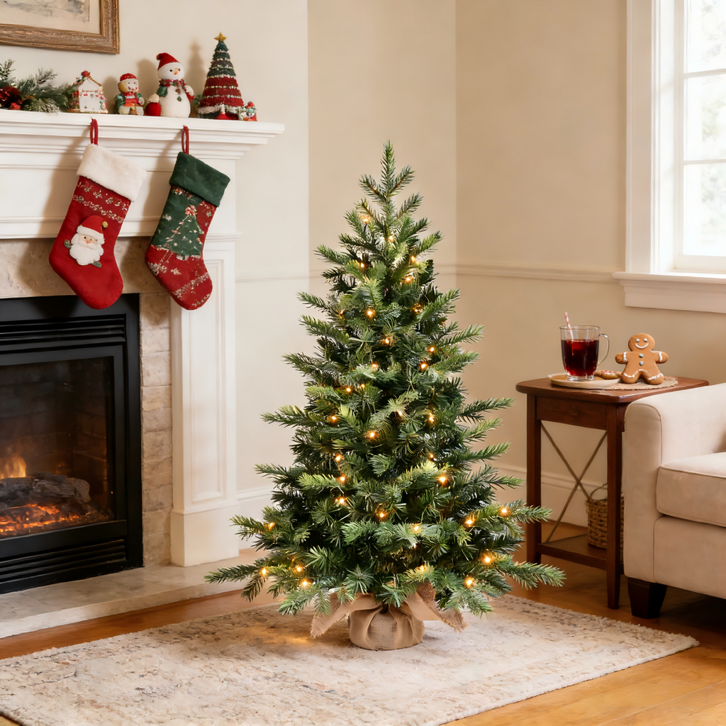 Makeatree Tabletop Christmas Tree 3ft Pre-Lit - Nordic Spruce Mini Tree with Burlap Base (CDC30T-315T-70L)