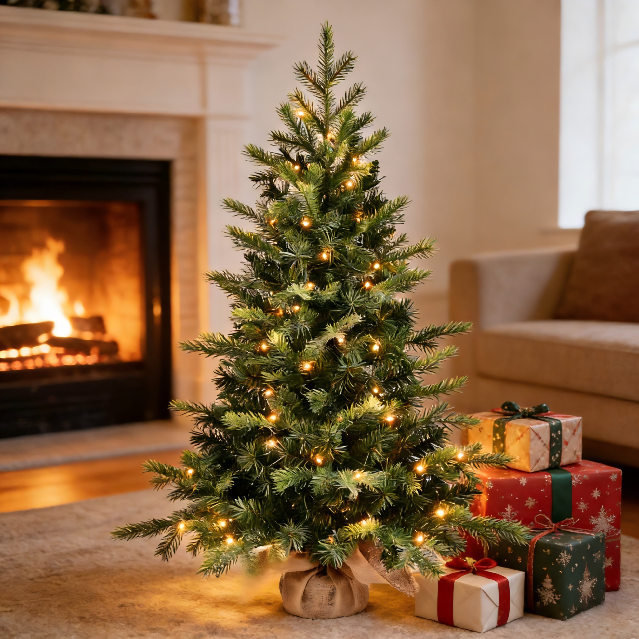 Makeatree Tabletop Christmas Tree 3ft Pre-Lit - Nordic Spruce Mini Tree with Burlap Base (CDC30T-315T-70L)