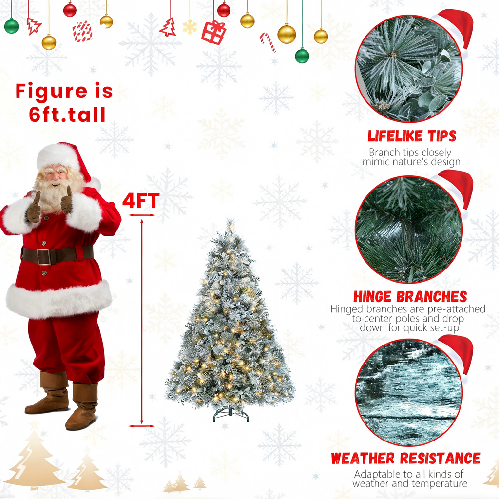 Makeatree 4Ft Snow Flocked Artificial Christmas Tree with Mixed PE PVC Branch Tips Unlit (CMC-TF-L)