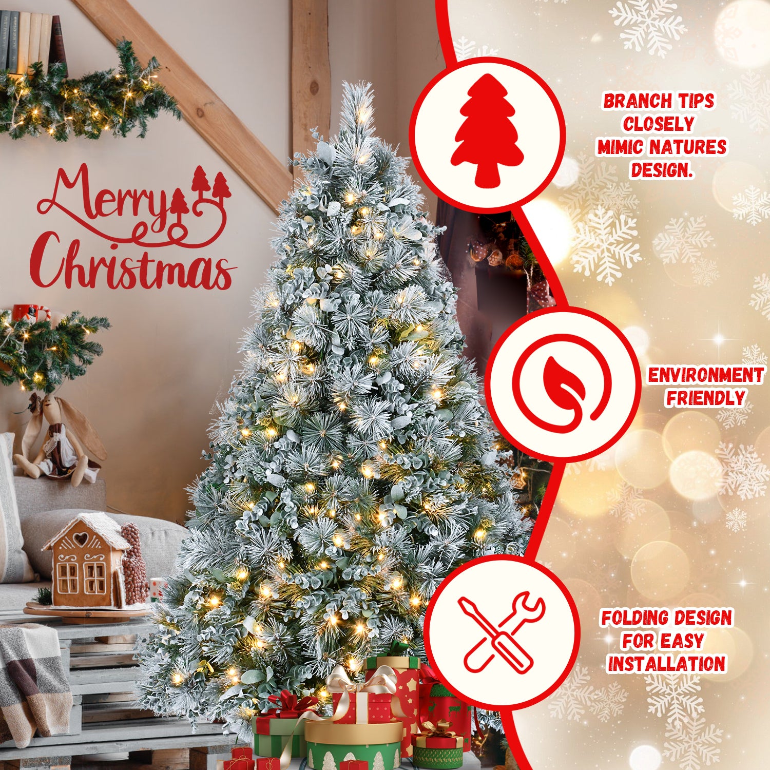 Makeatree 4Ft Snow Flocked Artificial Christmas Tree with Mixed PE PVC Branch Tips Unlit (CMC-TF-L)