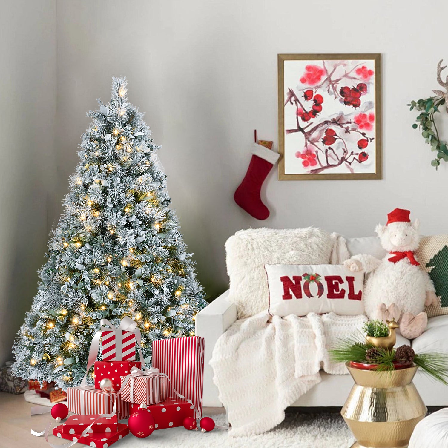 Makeatree 4Ft Snow Flocked Artificial Christmas Tree with Mixed PE PVC Branch Tips Unlit (CMC-TF-L)