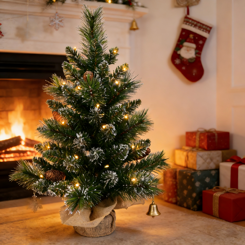 Makeatree Tabletop Christmas Tree 2ft Pre-Lit - Mini Tree with Pine Cone & Burlap Base (CUL20T-58T-35L)
