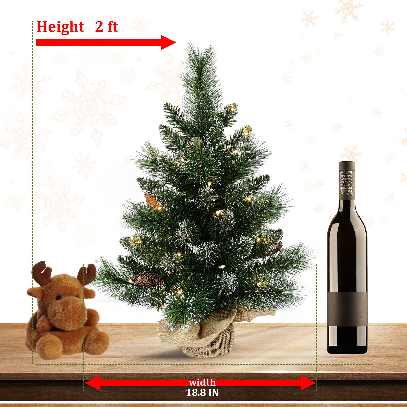 Makeatree Tabletop Christmas Tree 2ft Pre-Lit - Mini Tree with Pine Cone & Burlap Base (CUL20T-58T-35L)