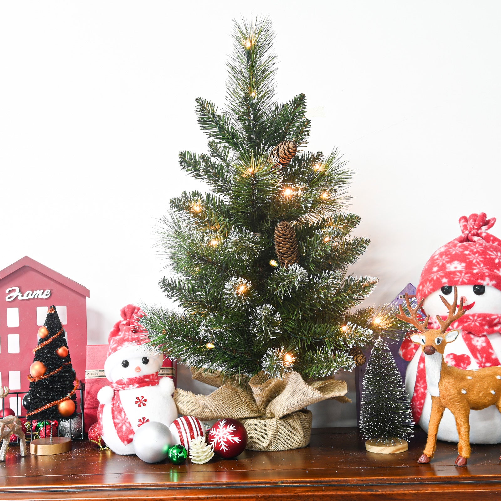 Makeatree Tabletop Christmas Tree 2ft Pre-Lit - Mini Tree with Pine Cone & Burlap Base (CUL20T-58T-35L)