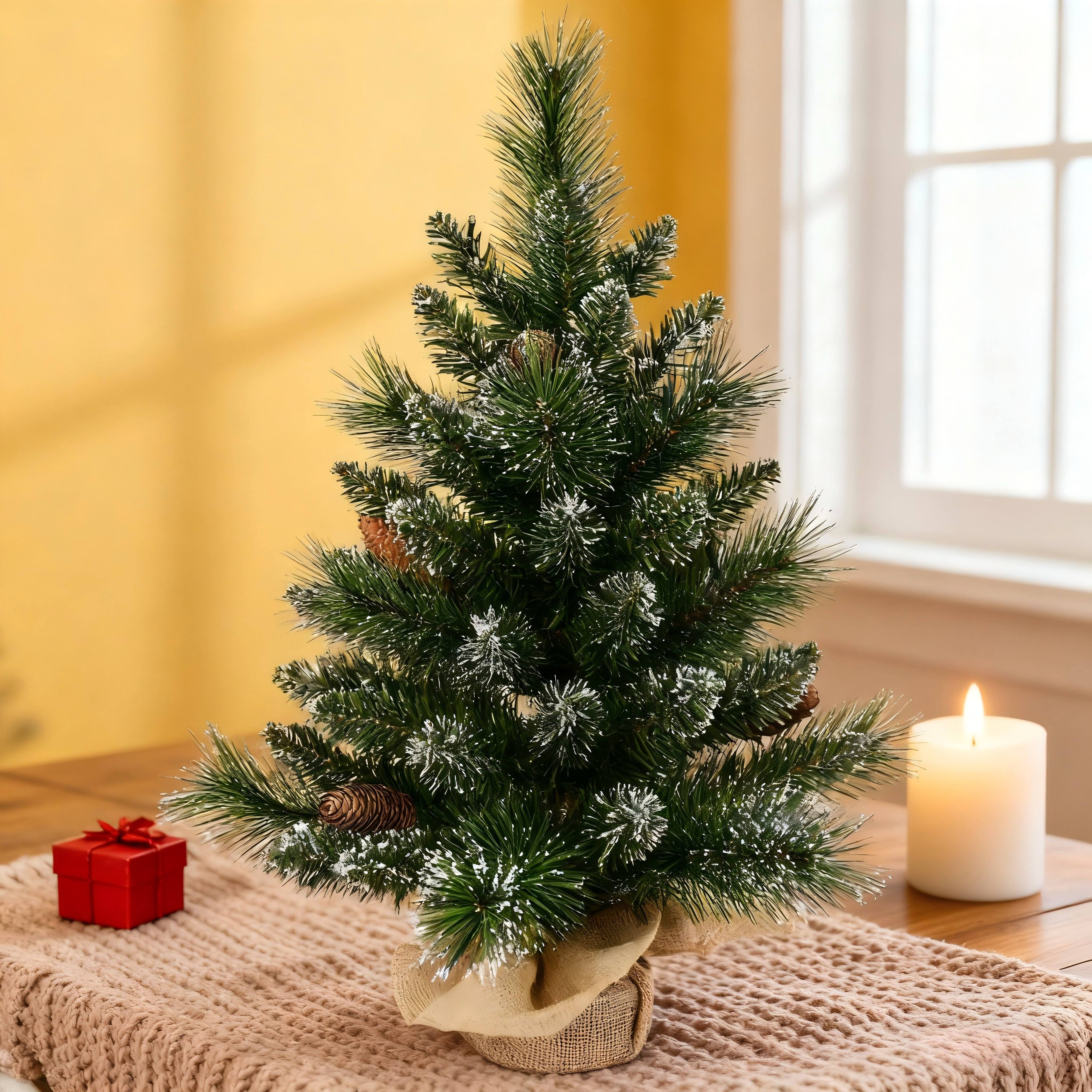 Makeatree Tabletop Christmas Tree 2ft Pre-Lit - Mini Tree with Pine Cone & Burlap Base (CUL20T-58T-35L)