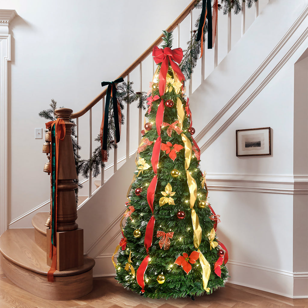 Makeatree Pop Up Christmas Tree 6-7.5ft Pre-Lit Pull Up Artificial Tree with Decorations (SSS-GN-L)