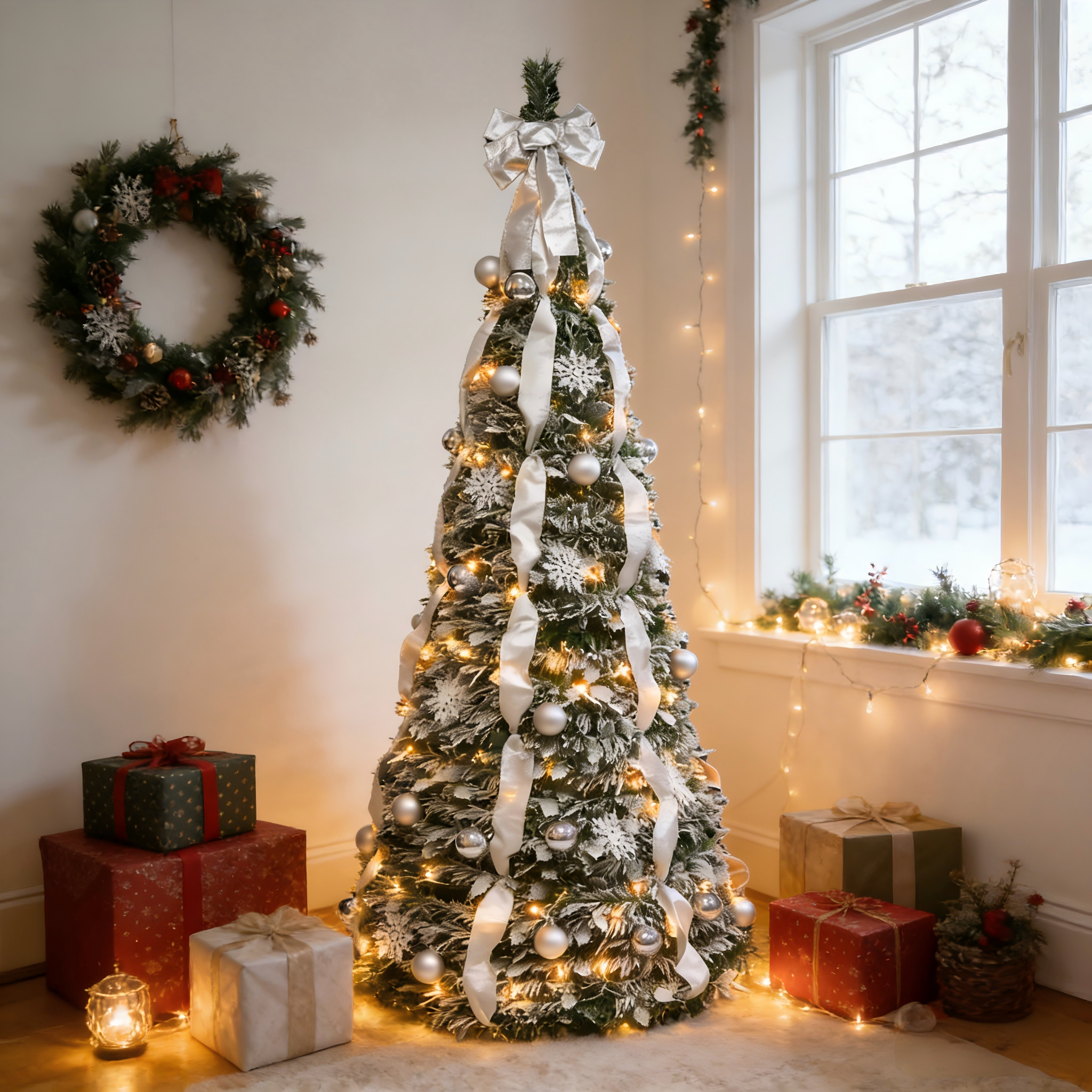 Makeatree Pop Up Christmas Tree 6-7ft Pre-Lit Silver Tinsel Collapsible Tree with Ornaments (SSS-SR-L)