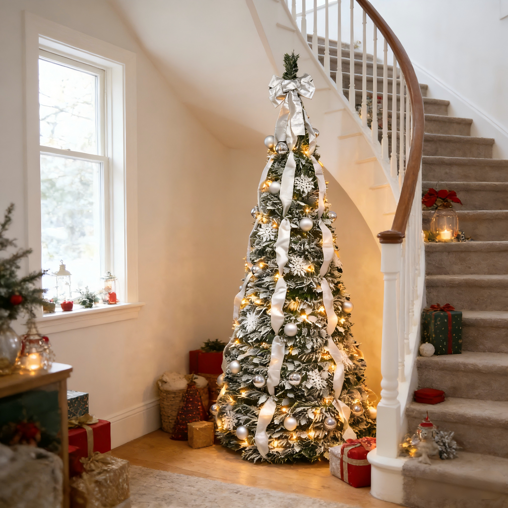 Makeatree Pop Up Christmas Tree 6-7ft Pre-Lit Silver Tinsel Collapsible Tree with Ornaments (SSS-SR-L)